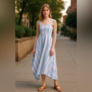 Summer salt Chic Asymmetrical Blue and White Striped Midi Dress Size: L
